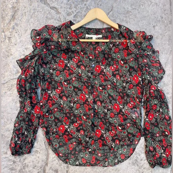 Veronica Beard Blakely Floral Silk Cut Out V-Neck Blouse Size 8 Black Multi - Picture 3 of 8
